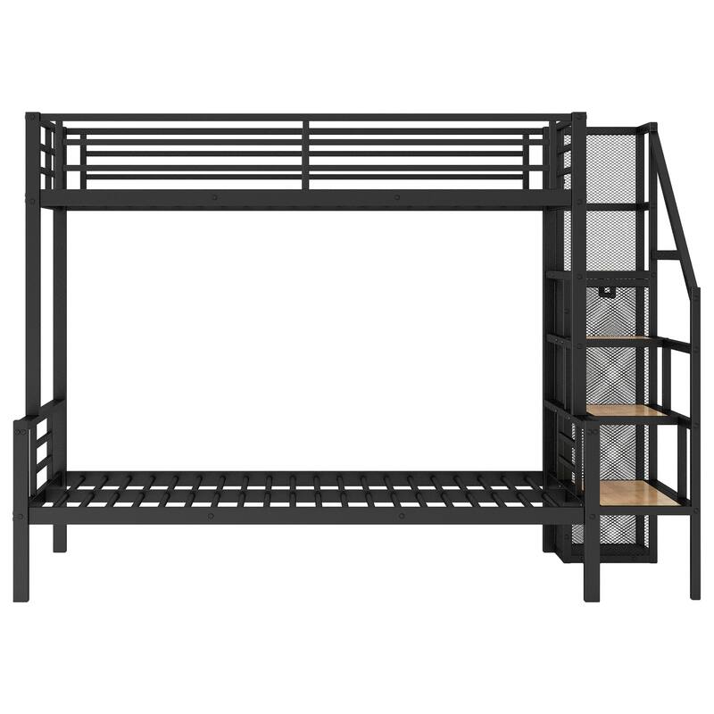 Twin over Full Metal Bunk Bed with Storage Stairs and Wardrobe, Black