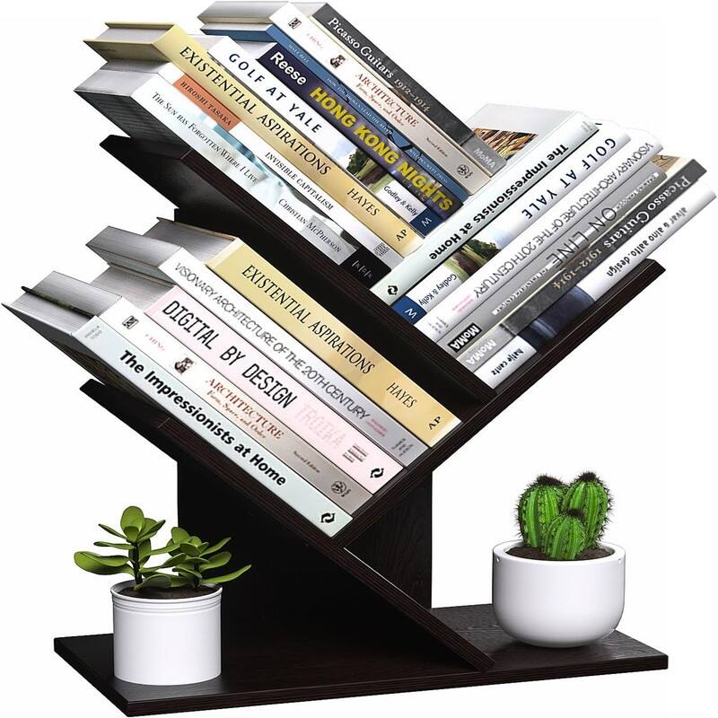 3 Tier Small Tree Bookshelf Desk Book Organizer Narrow Bookcases for Books - 11.6"D x 6"W x 15"H - Dark Walnut