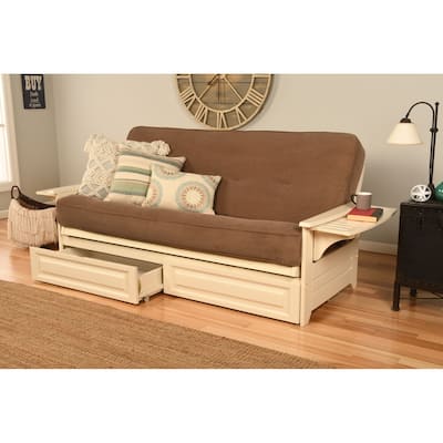 Somette Phoenix Futon Set in Antique White Wood with Innerspring Mattress and Storage Drawers