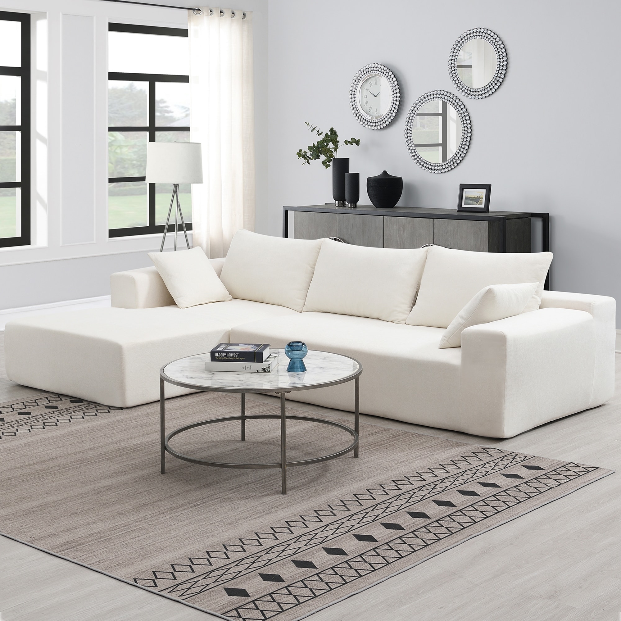 White Chenille Modular Sectional Sofa Set with Sleeper Function