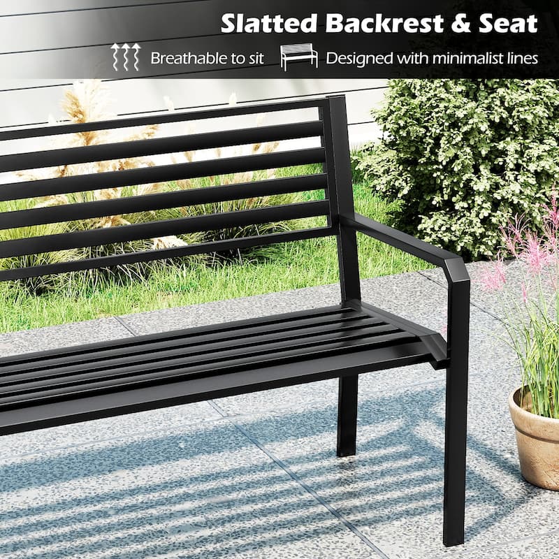 Black Metal Park Bench with Slatted Seat, Armrests and 3-Person Capacity - 50” L x 22” W x32.5” H
