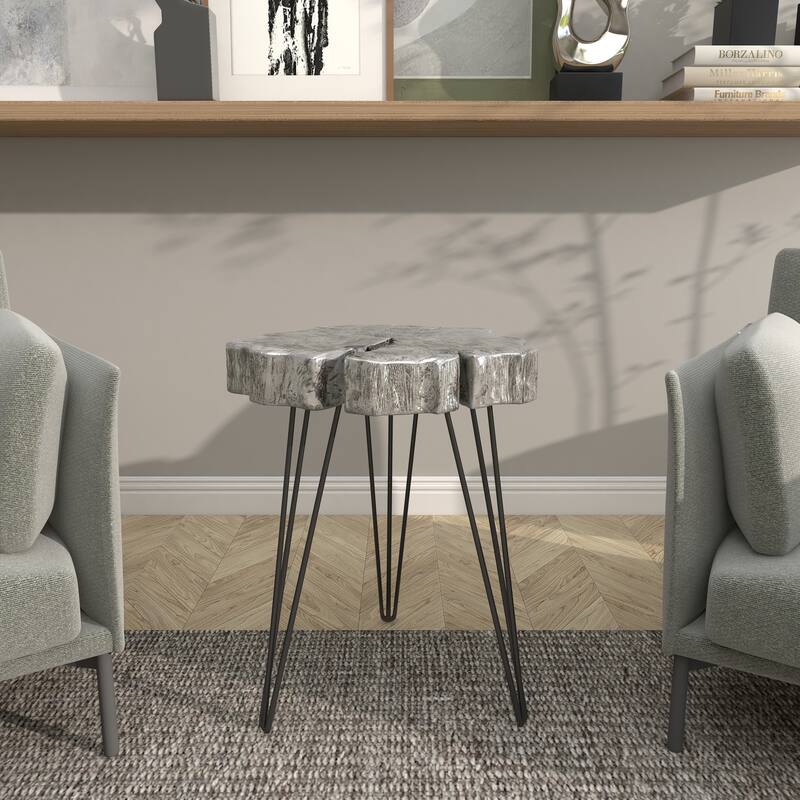 Polystone Tree Trunk Side End Accent Table with Black Hairpin Legs - Gray, Gold - Roche River Decor