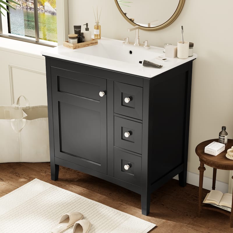 GDFStudio - Rivington Modern Bathroom Vanity with Ceramic Sink and 3 Storage Drawers - 30'W