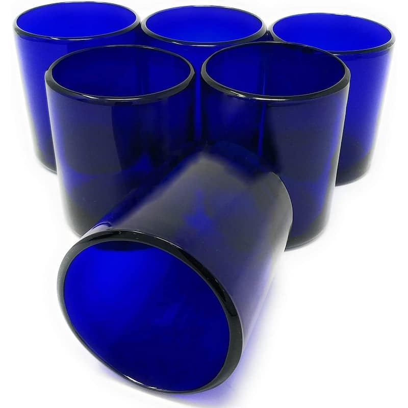 Dos Sueños Hand Blown Mexican Drinking Glasses - Set of 6 Cobalt Tumbler Glasses (10 oz each)
