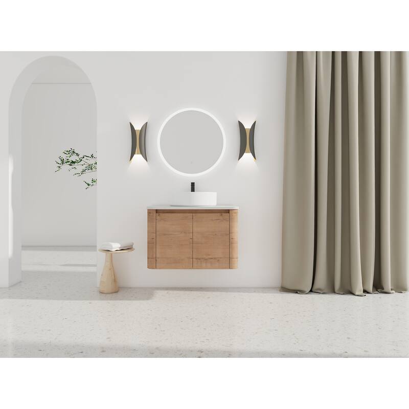 30'' Wall-Mounted Bathroom Vanity With Ceramic Art Sink & 2-Soft-Close Door, KD-Packing, Plywood