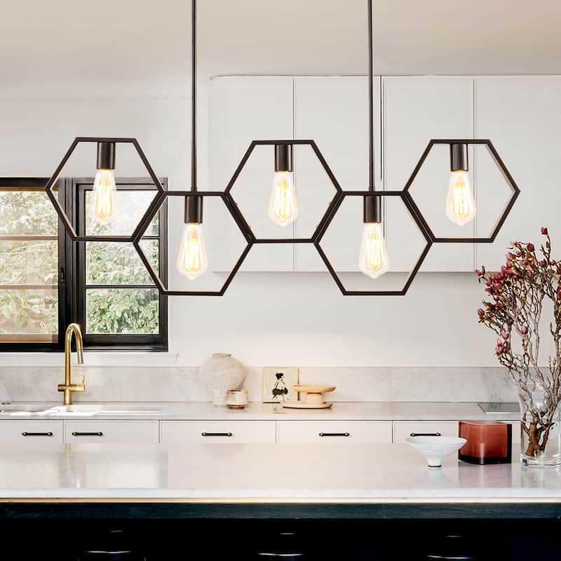 5-Light Mid-Century Modern Matte Black Geometric Pendant Island Lighting - 38.5 in. W x 72 in. H