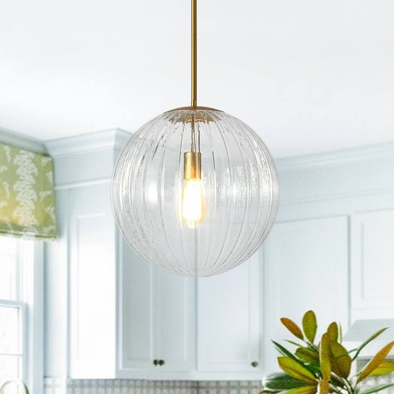 Modern Chic 1-Light Dimmable Striped Glass Sphere Pendant - 15.0 in - Brass