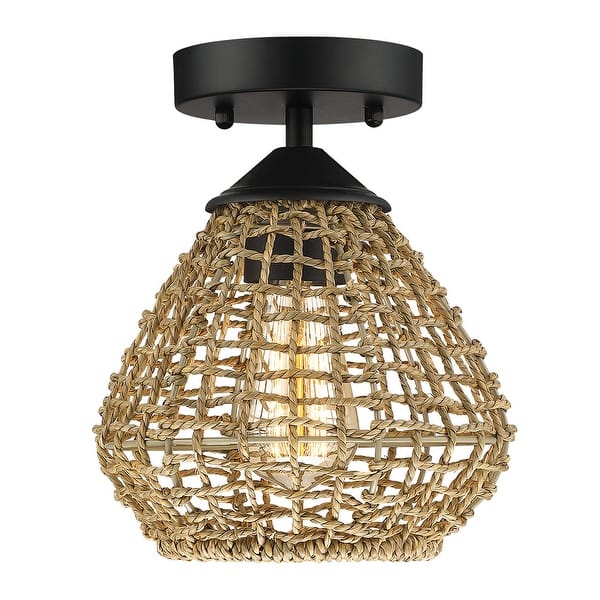slide 2 of 8, 1-Light Bohemian Rattan/Seagrass Semi-Flush Mount Ceiling Light - D8"x H9.3" - Black/Lime - 8 in. W 8 in. W