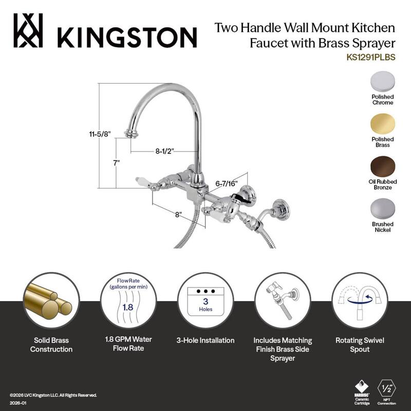 Kingston Brass Restoration Wall Mount Bridge Kitchen Faucet with Brass Sprayer