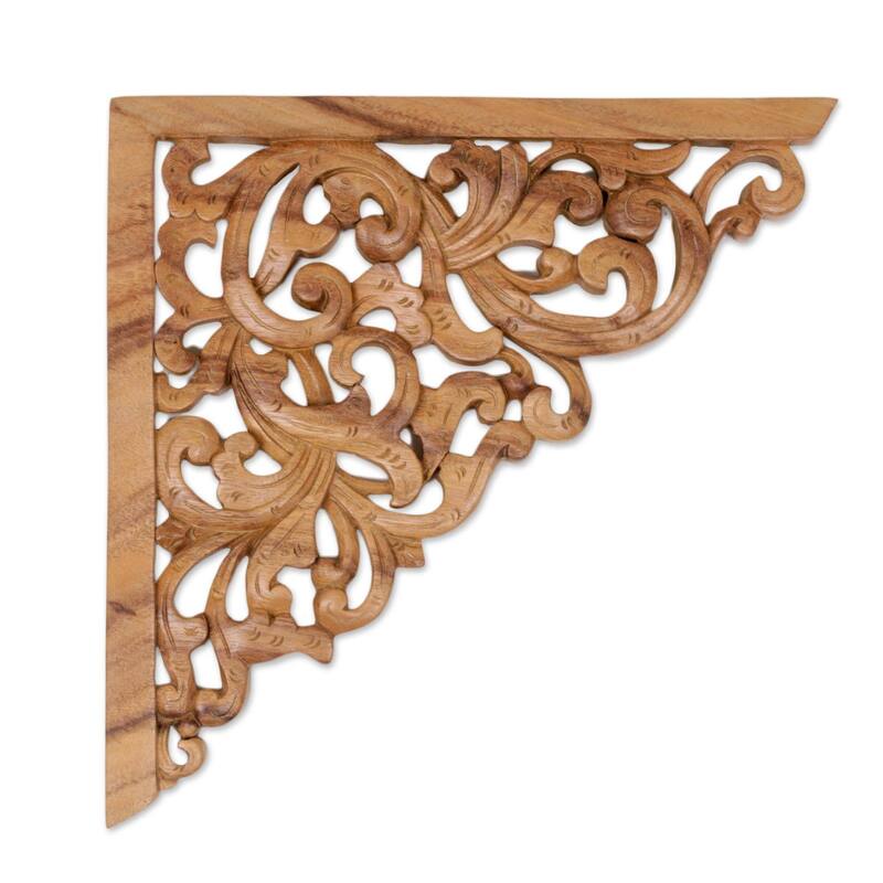 Handmade Forest Corner Wood relief panel(Indonesia) - 11.5" H x 11.5" W x 0.8" D