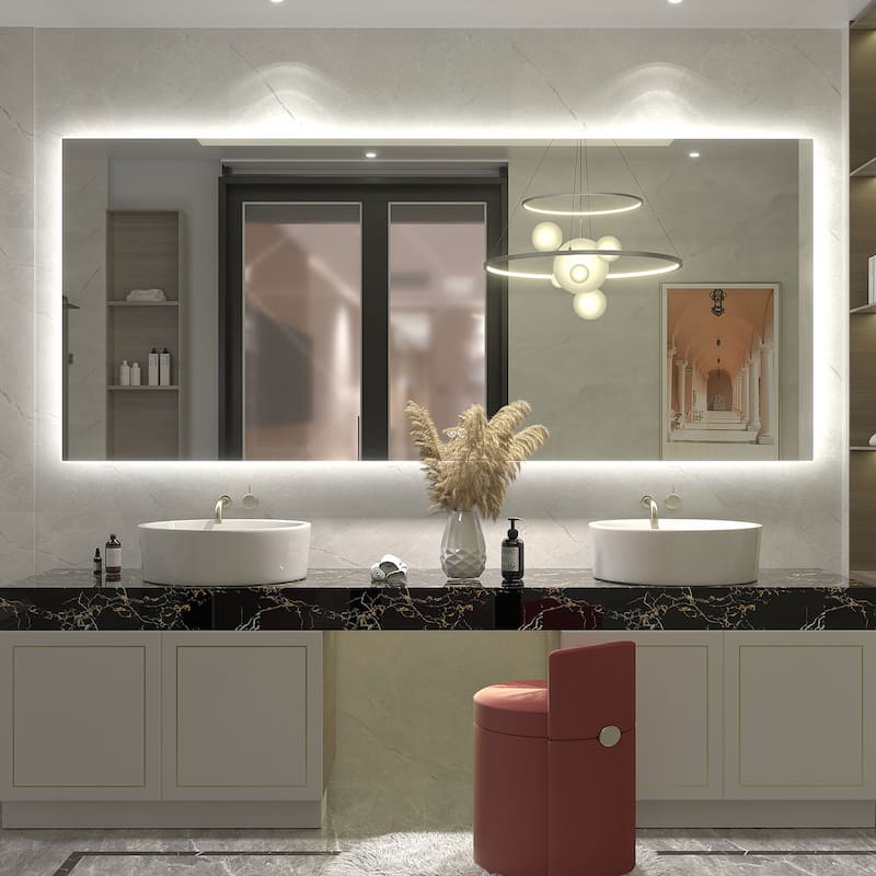 Frameless Anti-Fog 3 Colors Dimmable LED Backlit Wall Bathroom Vanity Mirror - 88" x 38"-Rectangular
