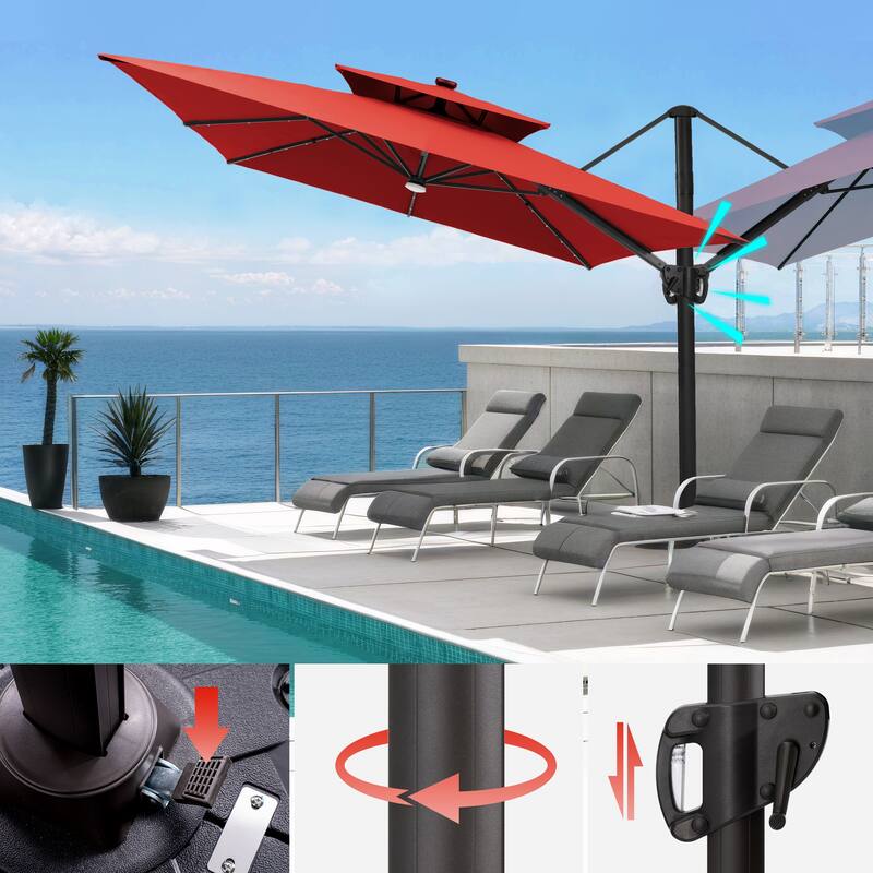 VredHom 9 x 11ft Outdoor Rectangular Dual Top Cantilever Patio Umbrella LED Light with Wheel Base