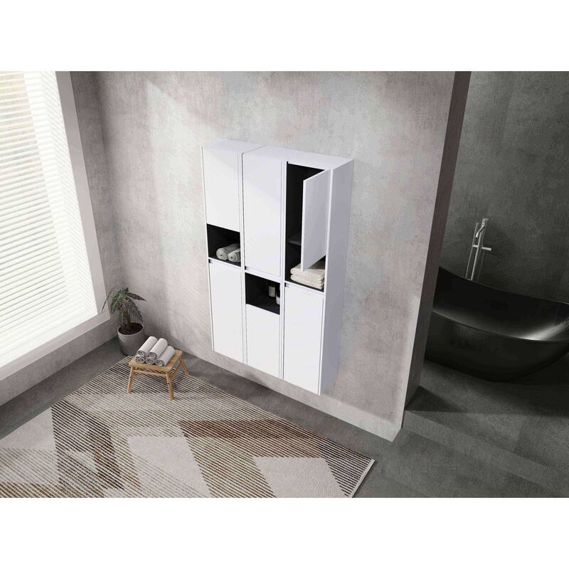 Modern Wall-Mounted Bathroom Side Cabinet with Soft-Close Doors, Floating Design, 6 Storage Compartments, 12-Inch Width