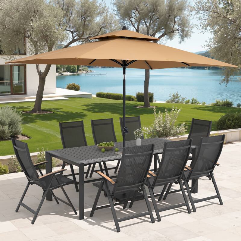 9/11-Piece Outdoor Patio Dining Set Aluminum Dining Table and Chairs w/10 ft Market Umbrella and Base with Wheels