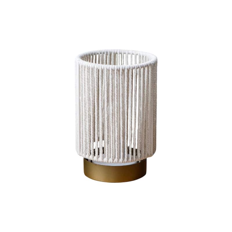 HomeRoots Set of Two 5" Off White Battery Operated Bedside Lamps With Rope Cylinder Shades - 7.00 in. x 4.50 in. x 4.50 in.
