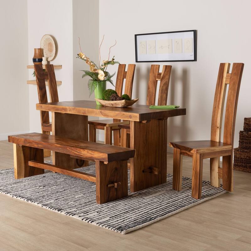 Lin Suar Wood Dining Set - Handcrafted Rectangular Solid Wood Table with Seating, Rustic Modern Kitchen or Dining Room Set