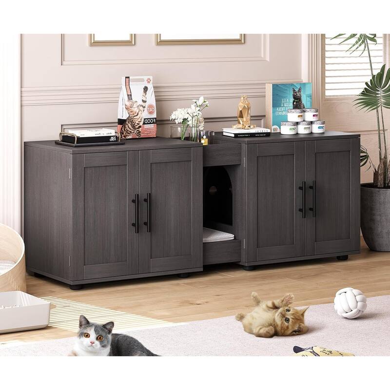 Cat Litter Cabinet Furniture with Cat Mat and Groove Design - Walnut
