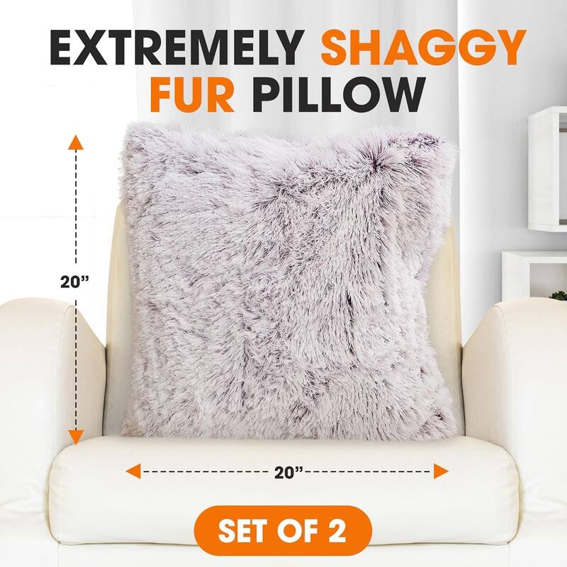 Cheer Collection Super Soft Shaggy Long Hair Throw Pillows Set of 2 Plush Accent Cushions