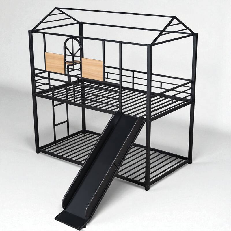 Twin Over Twin Metal Bunk Bed with Playhouse Design and Slide - Three Colors Available