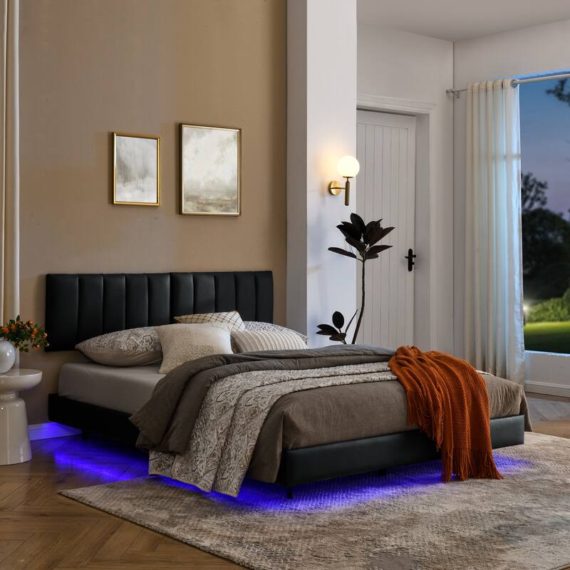 Queen Floating Bed Frame with LED Lights and Wall Mounted Headboard Low Profile Led Platform Bed Frame,No Box Spring Needed