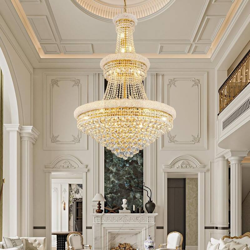 KAYLA 19-Lights High Ceiling Chandelier Modern Gold Crystal Chandeliers Large Foyer Chandelier Fixtures