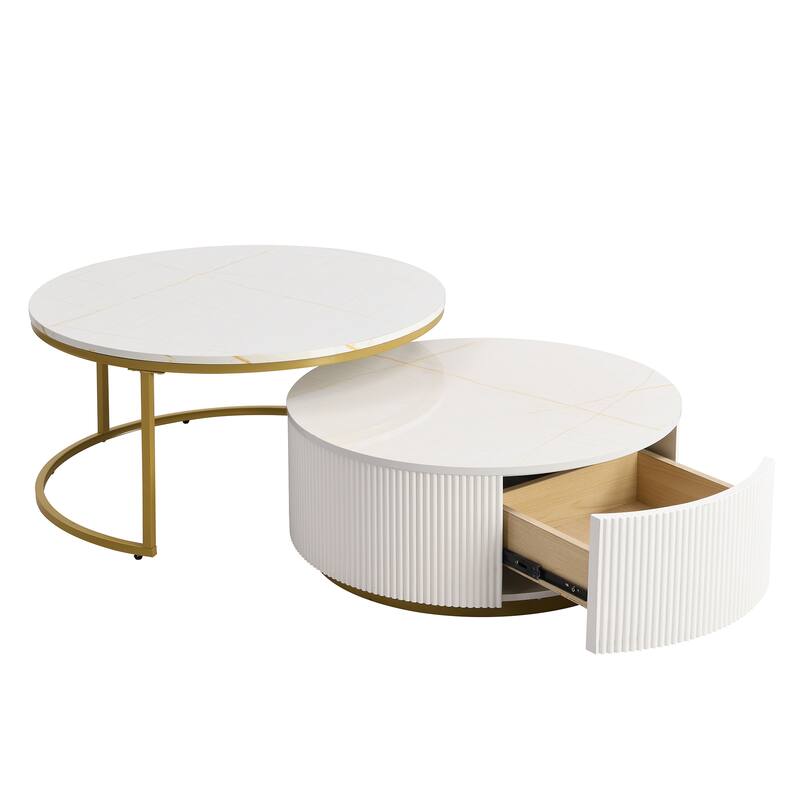 Modern Round Nesting Coffee Table with Drawer and Gold Base for Living Room