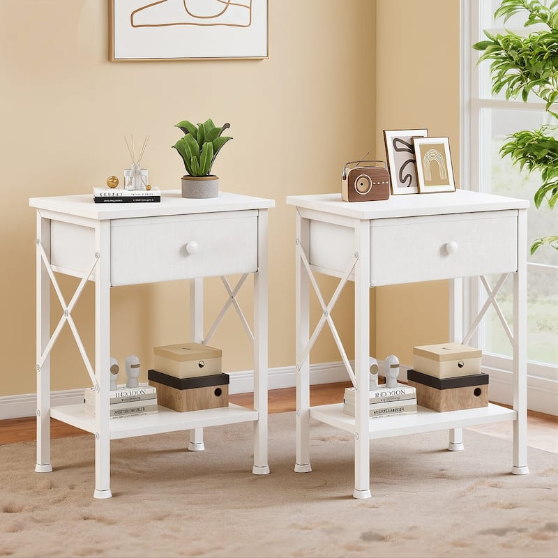 Javlergo 2 Pack X Frame Nightstand with Removable Fabric Drawer Easy to Clean Multifunctional End Table with Open Shelf - Wine