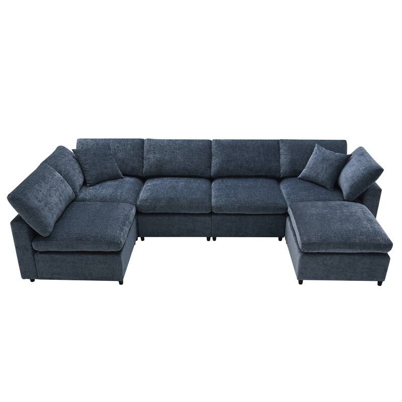 Modern Modular U-Shaped Sectional Sofa, Convertible Cloud Sleeper Sofa Bed, 6 Seat Chenille Sectional Couch Set with Ottoman