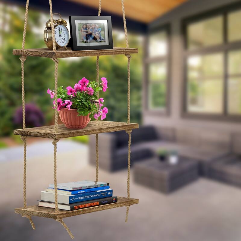 Wood Hanging Shelf 3-Tier Rustic Swing Storage Shelves Organizer Rack - 16.50" L x 7.87" W x 38" H