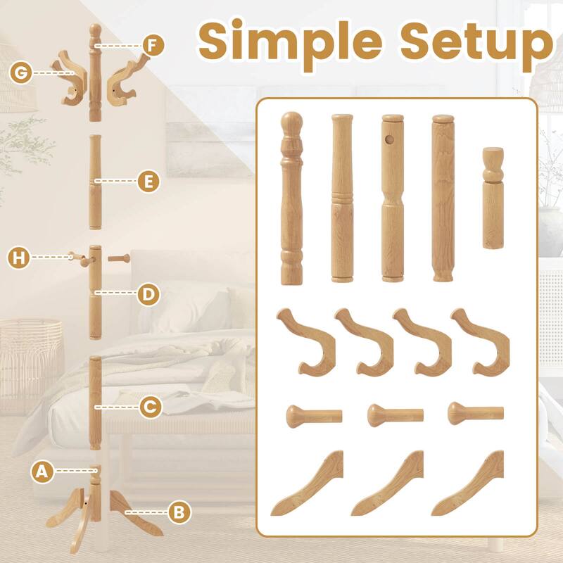 Costway Solid Rubber Wood Coat Rack with 3 Adjustable Heights and 11 - See Details
