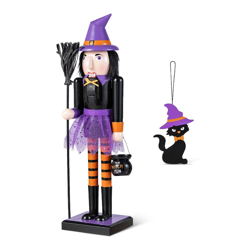 Glitzhome 18.50"H Halloween Wood Witch Nutcracker with Witch Cat Ornament