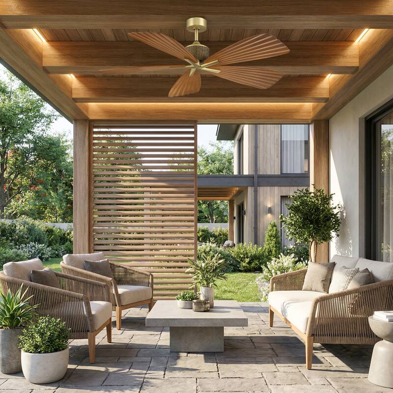 56" Tropical Brown Palm Leaf 5-Blade Indoor Outdoor Ceiling Fan with Remote, No Light