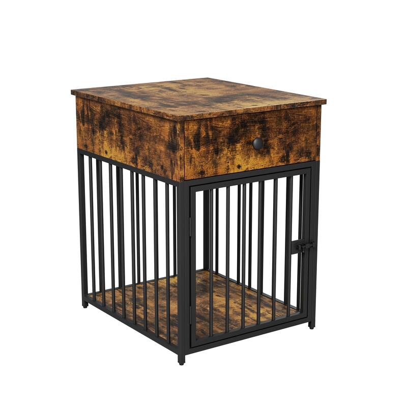 Dog Crate Furniture, Dog House, Decorative Dog Kennel with Drawer, Indoor Pet Crate End Table for Small Dog, Iron-Tube Dog Cage