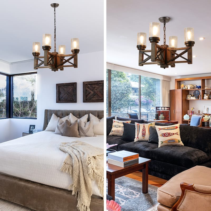 Anmytek Modern Farmhouse 4-Light Wood Wagon Wheel Chandelier Glass Pendant Lights for Dining Room - 22.8" D x 14" H