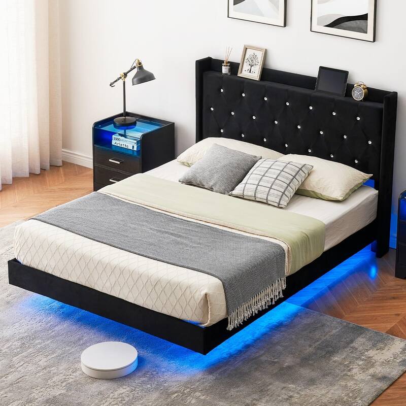Floating Velvet Upholstered Bed Frame with LED Lights