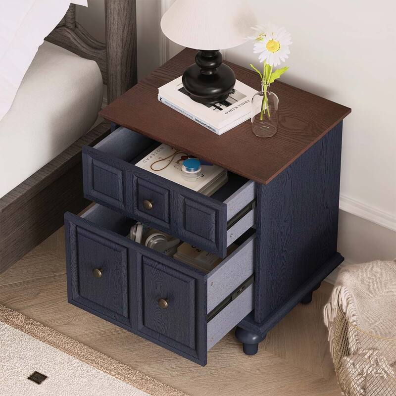 Wood End Table with 2 Drawers and Roman Column Legs,for Bedroom and Living Room