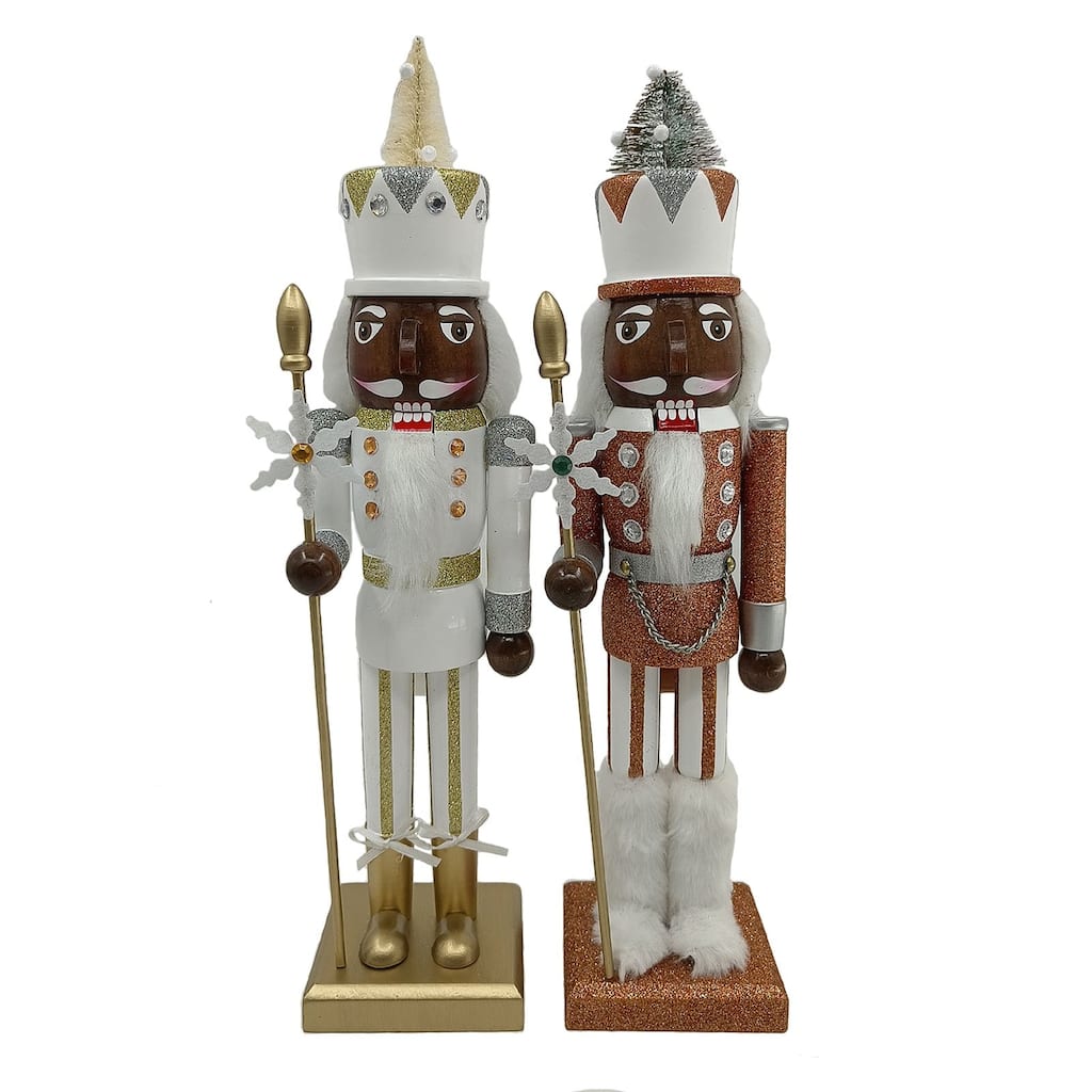 Set of 2 Orange and Gold Glittered Jeweled Christmas Nutcrackers14.5"