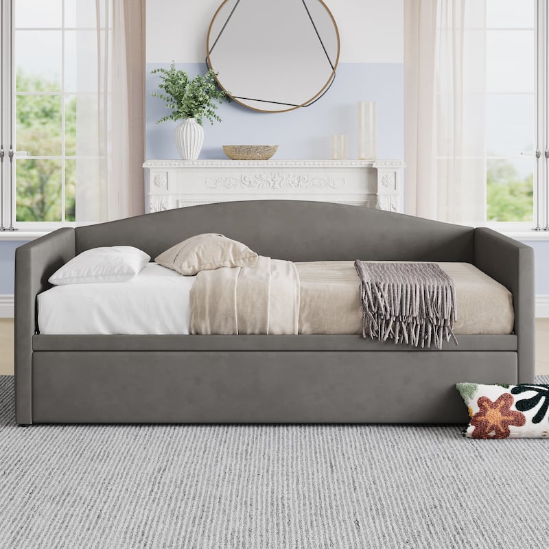 GDFStudio - Twin Size Daybed with Extended Pop Up Trundle, Upholstered Velvet Sofa Bed, Space