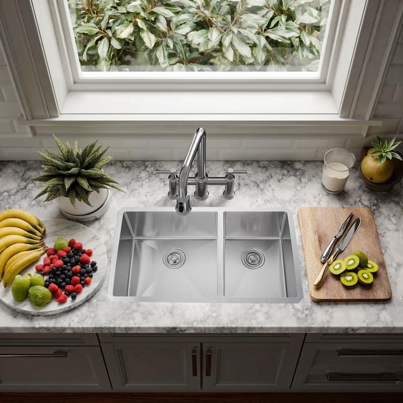 WOWOW 33" Drop-In Dual Bowl 16-Gauge Kitchen Sink
