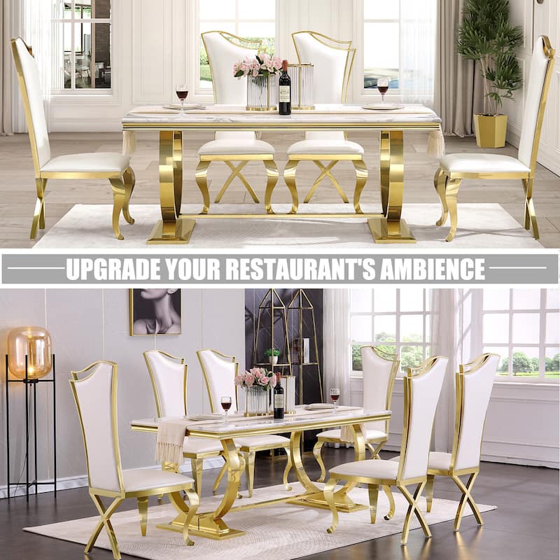 White Tufted Dining Chairs with PU Leather Upholstered and Polished Gold Legs