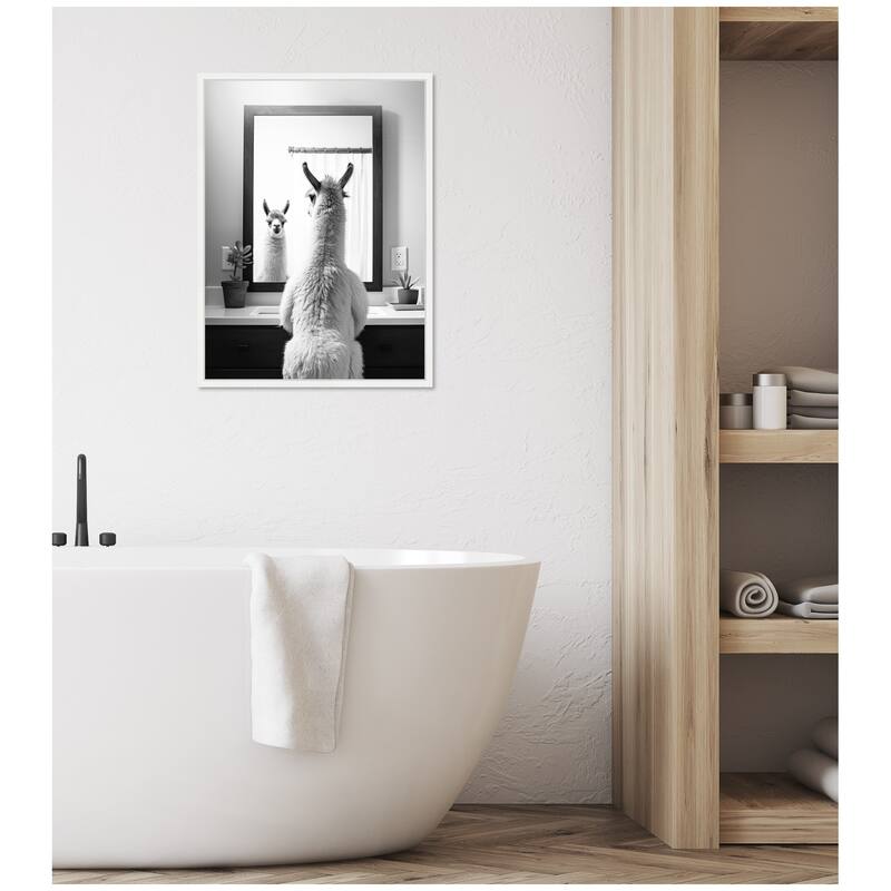 Kate and Laurel Sylvie Llama Bathroom Art Mirror Black and White Framed Canvas by The Creative Bunch Studio