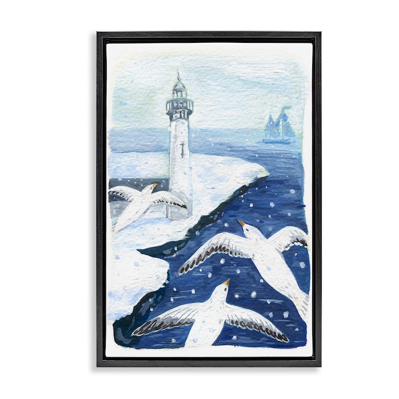 Stupell Snowy Winter Harbor Birds Framed Floater Canvas Wall Art Design By Hannah Moren - 17 x 25 - Black
