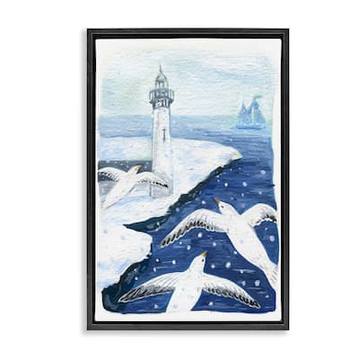 Stupell Snowy Winter Harbor Birds Framed Floater Canvas Wall Art Design By Hannah Moren