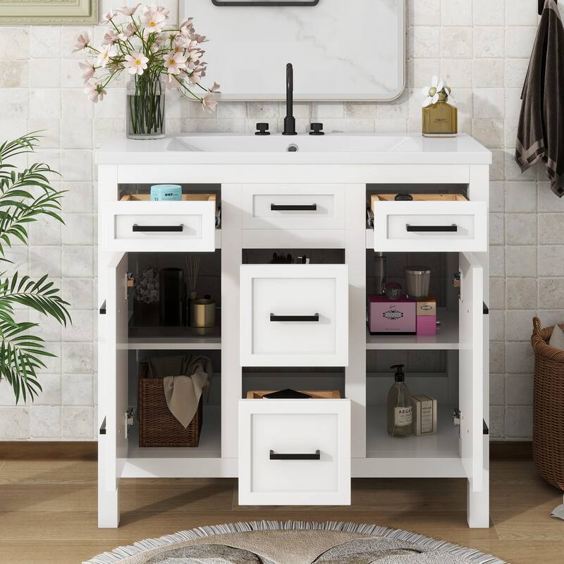 Bathroom Vanity Freestanding Cabinet with Resin Integrated Sink, 4 Drawers, 2 Cabinets, Solid Wood Frame and Adjustable Shelves