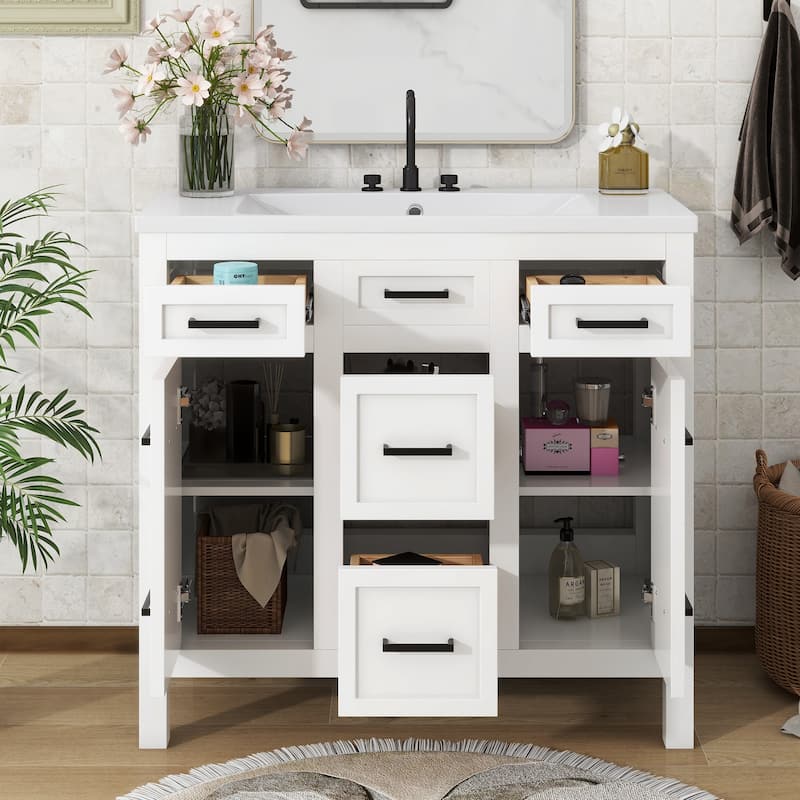 Multifunctional Bathroom Vanity, Freestanding Vanities with Adjustable Shelf, Storage Cabinet with 4 Drawers and 2 Doors