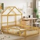 preview thumbnail 1 of 13, Full Size Montessori Floor Platform Bed wFence and Door, Integrated Clothes Drying Rack, House-Shaped Headboard Bed, Natural Natural - Full