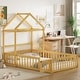 preview thumbnail 16 of 14, Natural Full Size Wooden Floor Bed with Fence Railings and Detachable Headboard, Kids Dress Up Rack, Playhouse Frame