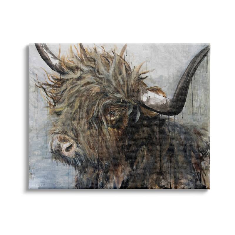 Stupell Baby Highland Cattle Portrait Rustic Rain Paint Drip Canvas Wall Art - Grey