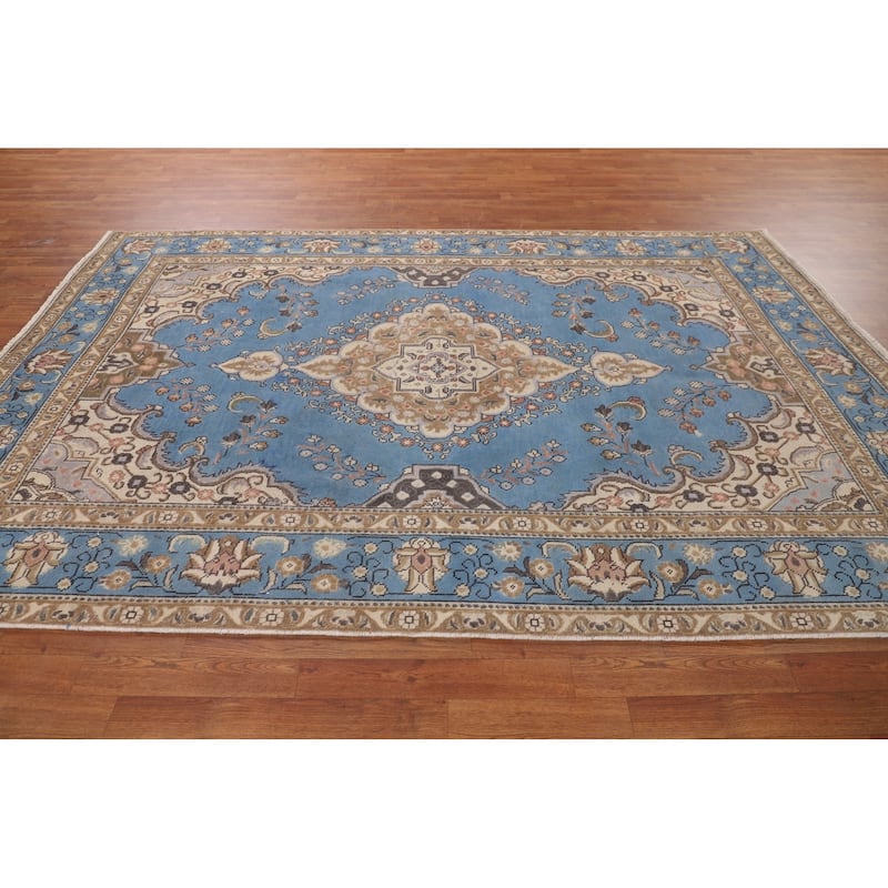 Traditional Blue Tabriz Persian Vintage Area Rug Handmade Wool Carpet - 6'4" x 9'8"