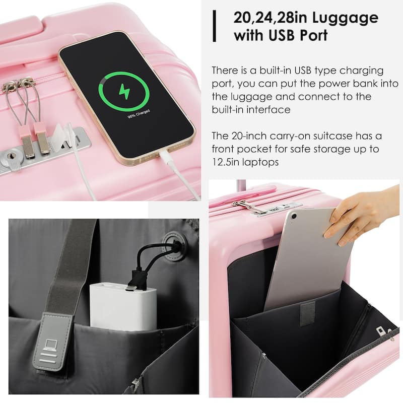 Luggage Set of 3, 20, 24, 28inch with USB Port, 20, 24inch with front opening design Airline Certified Carry on Luggage